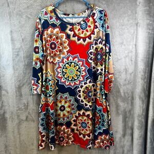 Womens XL Boho Mandala Floral Tunic Dress Multicolor 3/4 Sleeve Pockets Hippie